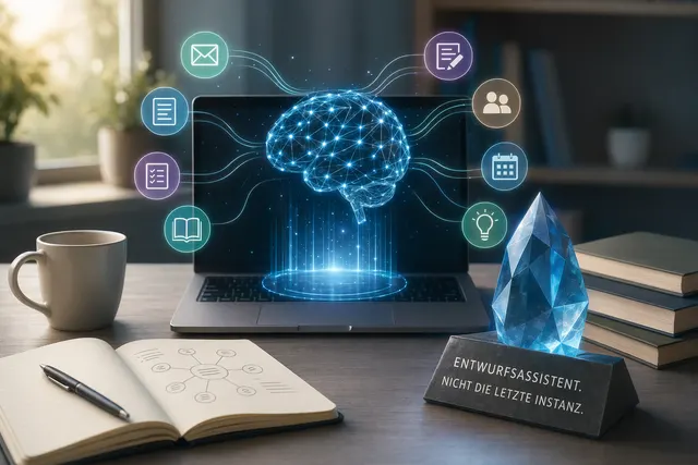 Illustration einer Person, die KI im Alltag für Planung, Schreiben und Organisation nutzt