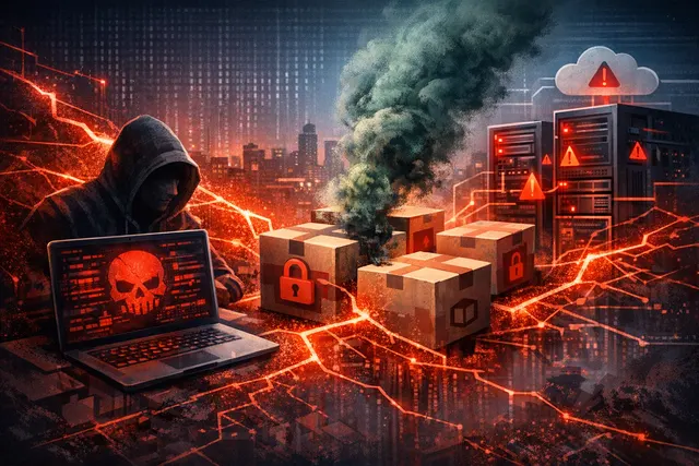 Abstract representation of a supply chain attack on Red Hat npm packages showing a digital worm spreading through code repositories.