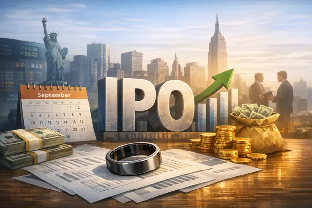 Editorial illustration of a smart ring beside financial charts representing Oura’s potential U.S. IPO