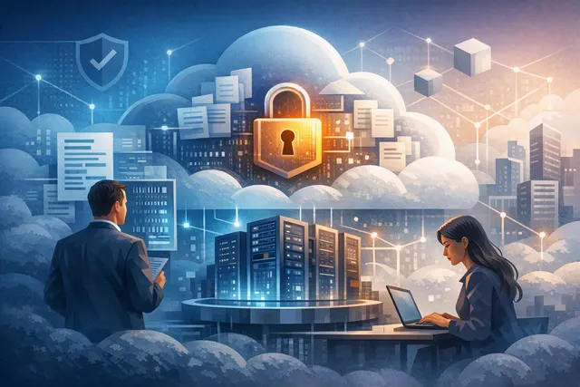 Abstract editorial illustration of enterprise cloud infrastructure, AI safety monitoring, and protected data logs