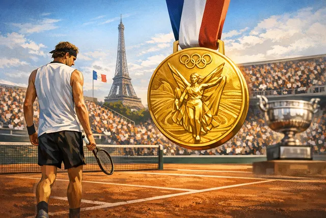Alexander Zverev looking focused during a match at the 2026 French Open with the Roland Garros crowd in the background.