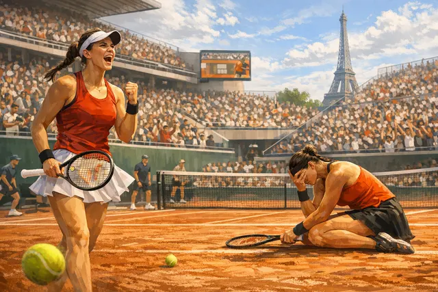 Diana Shnaider celebrating her stunning three-set victory over world No. 1 Aryna Sabalenka at the 2026 French Open quarterfinals.