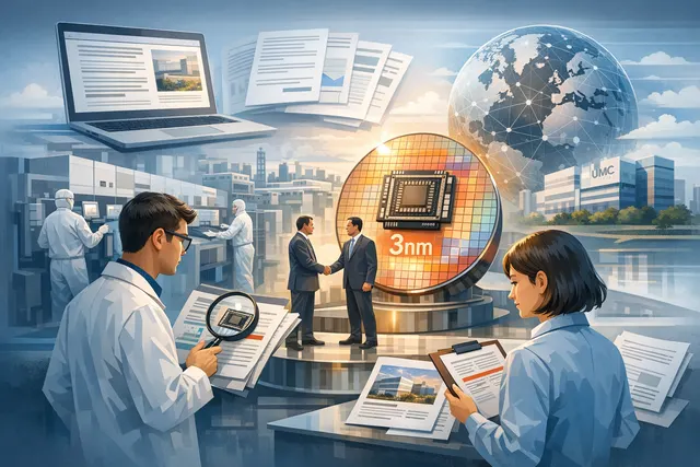 Abstract illustration of semiconductor chip manufacturing and foundry technology representing the Intel-UMC partnership