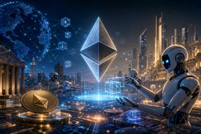 Illustration of AI agents, tokens and Ethereum smart-contract infrastructure