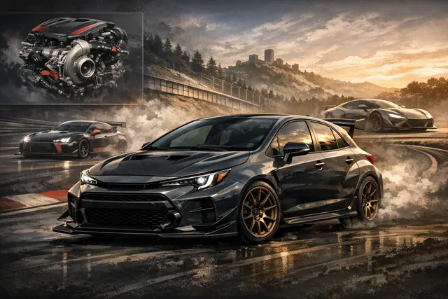 Front three-quarter view of the new 2026 Toyota GRMN Corolla, a track-focused two-seat hot hatch.