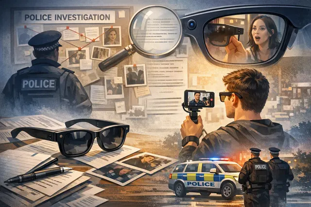Meta smart glasses with a camera lens visible, photographed against a dark background with a red warning glow, symbolizing the privacy crisis.