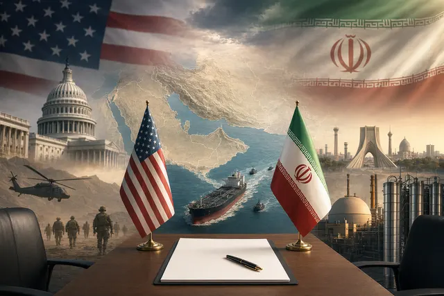 Illustration representing U.S.–Iran negotiations over nuclear issues and the Strait of Hormuz