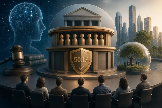 Editorial illustration representing Anthropic’s proposed Founder LLC and the balance between founder voting control, public shareholders and mission oversight.
