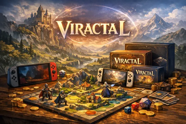 Promotional artwork for the Viractal board game RPG featuring dice, cards, and game characters.