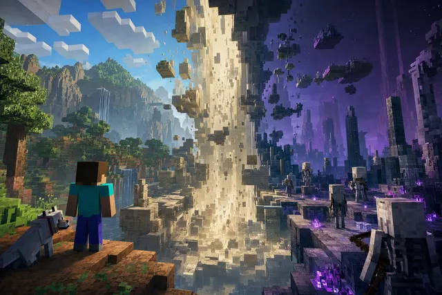 AI-generated editorial illustration accompanying the announcement of Minecraft’s Sift dimension