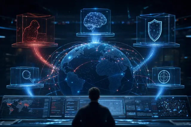 Illustration of continuous AI-powered cybersecurity testing across an enterprise network