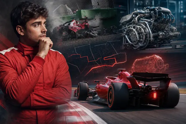 Charles Leclerc’s Ferrari and a Formula 1 power-unit graphic illustrating the expected Baku engine penalty