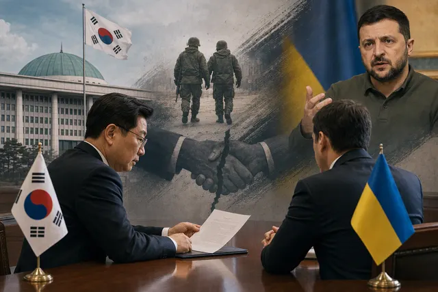 Editorial illustration representing the diplomatic dispute between South Korea and Ukraine over the public disclosure of two North Korean prisoners’ transfer