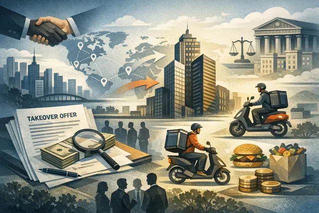 Editorial illustration of Uber’s proposed acquisition of Delivery Hero and its expansion across global food-delivery markets