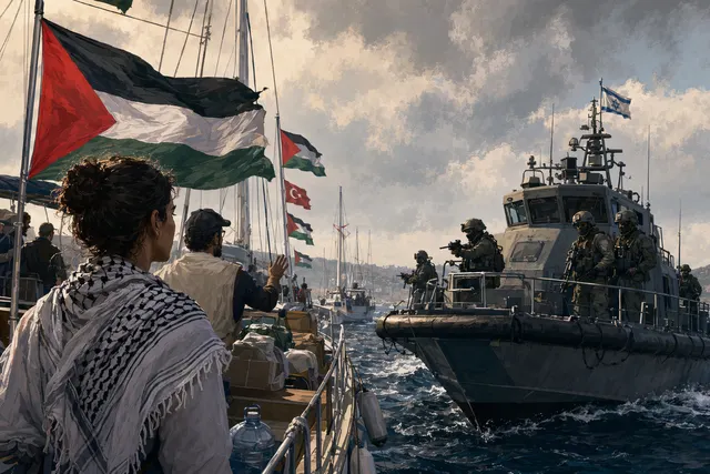 Illustration of naval vessels intercepting a humanitarian aid flotilla in the Mediterranean Sea