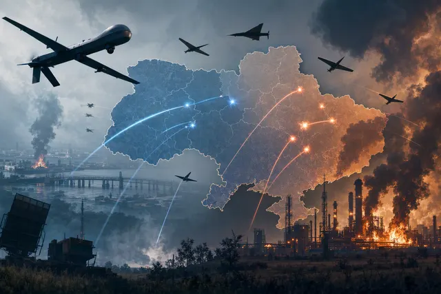 Editorial illustration of long-range drone warfare and energy infrastructure in Russia