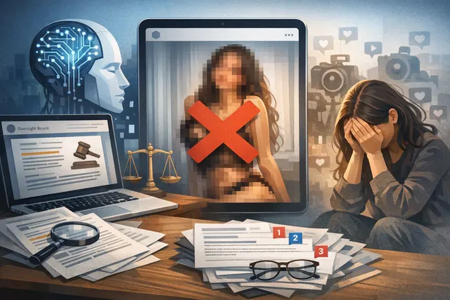 AI-generated editorial hero image representing the Meta Oversight Board's ruling on AI-generated sexualized deepfakes.