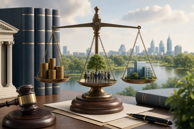 Editorial illustration representing a corporation balancing profit with its stated public benefit