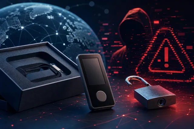 Editorial illustration representing a cryptocurrency hardware-wallet customer-data breach