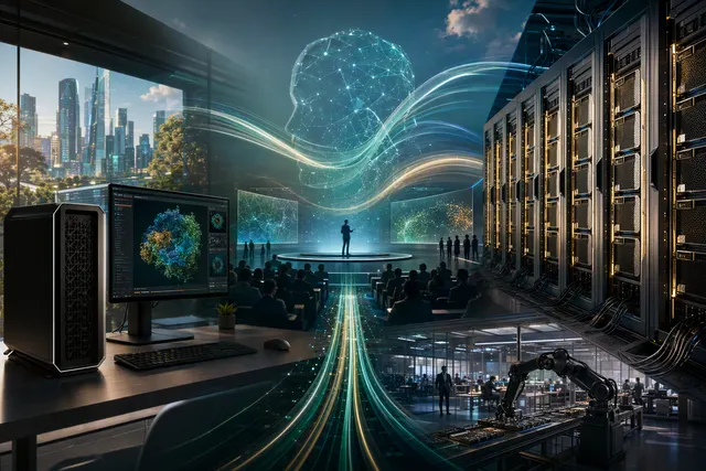 Illustration of AMD’s AI-computing strategy spanning data-center infrastructure and local AI workstations