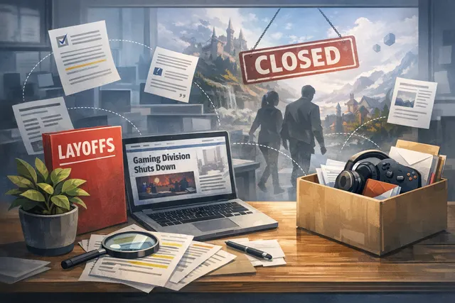 An abstract digital collage representing the shutdown of YGG Play and the pivot to AI data, with a 'Sunset' sign, a declining chart, and a glowing AI data stream.