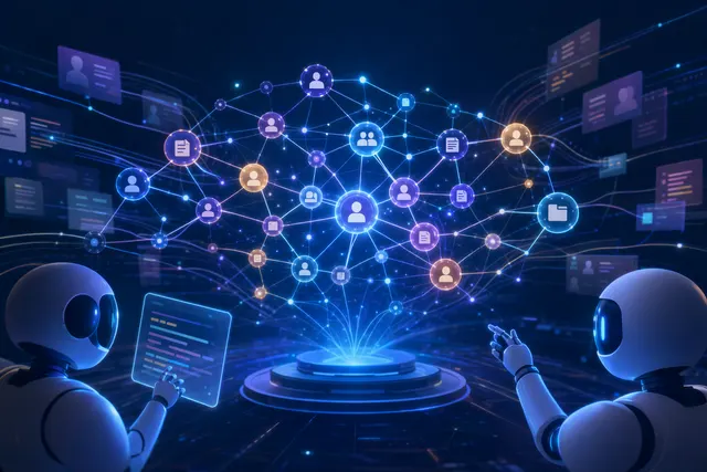 Abstract AI agent network connecting Atlassian work data, tools, and teams