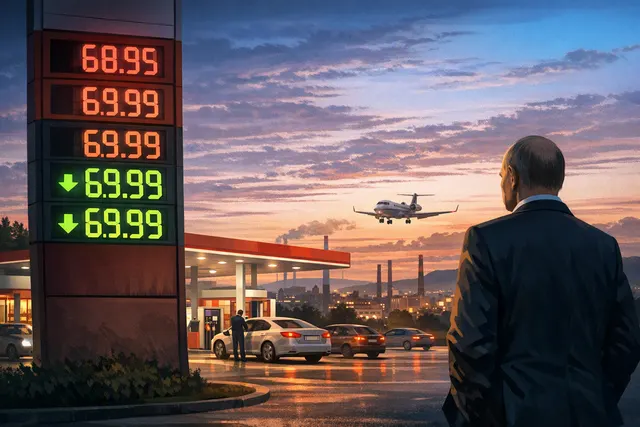 A gas station price sign in Krasnoyarsk showing dramatically lowered fuel prices in rubles per liter, with a presidential motorcade and refinery infrastructure visible in the backg