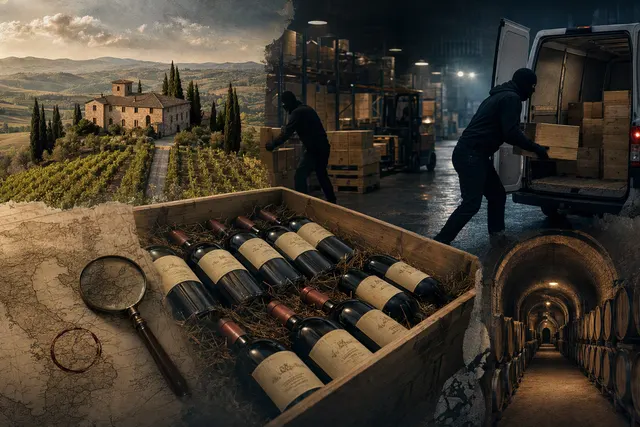Editorial illustration accompanying an article about the theft of 30,000 bottles from Marchesi Antinori’s Tuscany warehouse