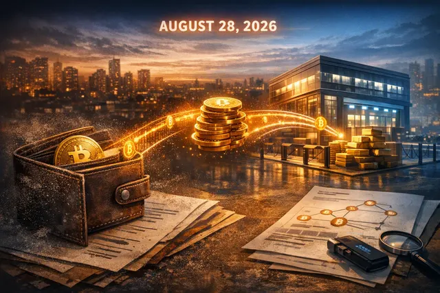 Editorial illustration of dormant Bitcoin moving from a lost wallet into institutional custody