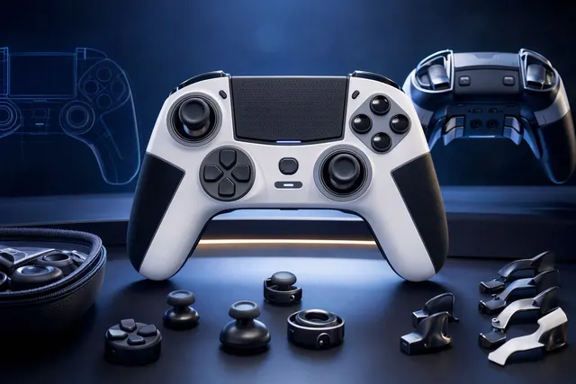 AI-generated illustration representing a premium gaming controller with a built-in settings screen.