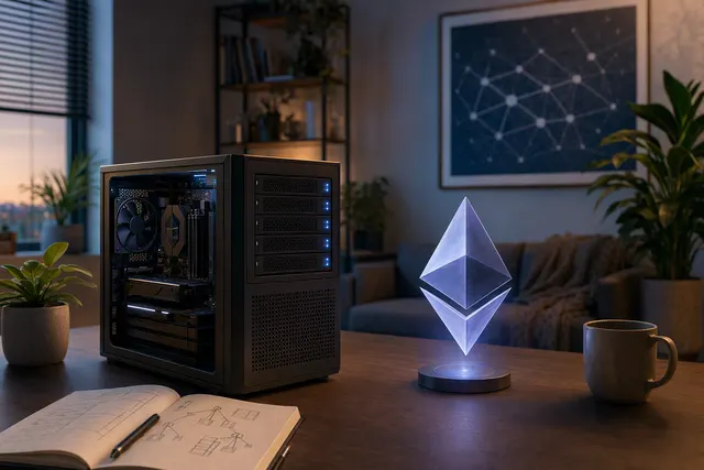 Illustration of a home computer combining local AI workloads with an Ethereum node