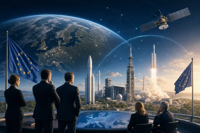 Editorial illustration of Europe’s push for autonomous space launch and satellite capability
