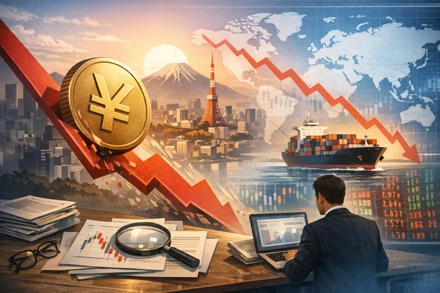 Graphic illustration of the Japanese yen falling against the US dollar at a 40-year low, with bond market charts and global financial implications