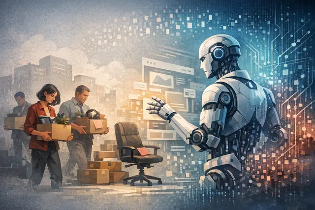 Abstract illustration representing the impact of AI-driven restructuring on corporate jobs, focusing on Wix's layoff of 1,000 employees.