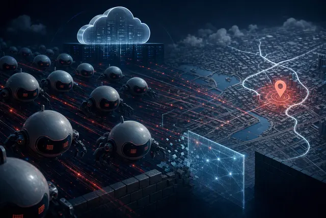 Editorial illustration representing AI agents querying a digital map through cloud infrastructure