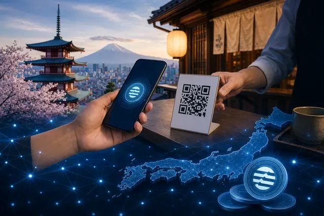 Illustration of stablecoin QR-code payments in Japan connected to Aptos and Netstars infrastructure