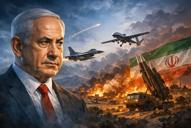 Benjamin Netanyahu at a podium with a grave expression, an Israeli flag behind him, against a darkened geopolitical backdrop with blurred fire and a fighter jet silhouette.