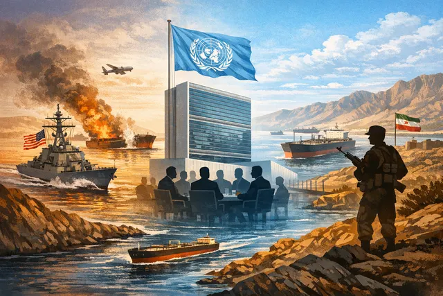 Geopolitical tension around the Strait of Hormuz with warships and oil tankers