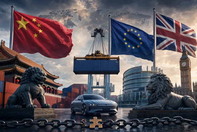 Editorial illustration representing trade tensions among China, the European Union and Britain over cars and tariffs