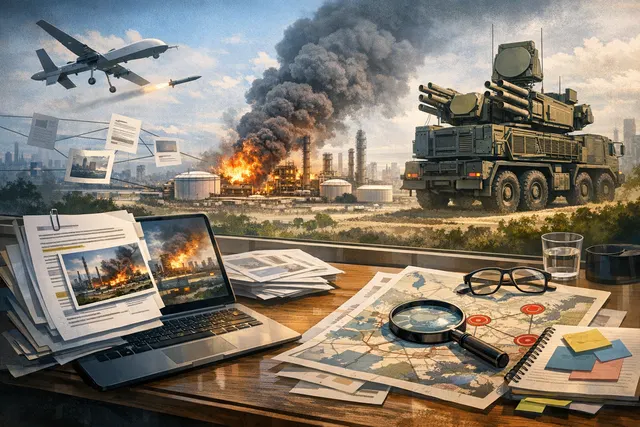 Editorial visualization of a Ukrainian drone strike on the Moscow Oil Refinery, with smoke rising over the facility and air defense systems in the foreground