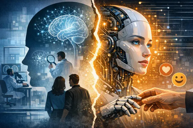 Abstract editorial illustration of an AI system and a human figure confronting the question of machine consciousness