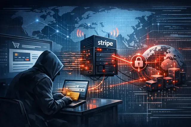 Conceptual illustration of the Stripe Magecart skimmer attack showing trusted domains like Google Tag Manager and api.stripe.com used to inject and exfiltrate data from a checkout