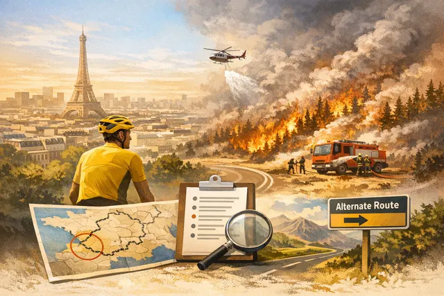 AI-generated editorial hero image for the 2026 Tour de France final stage article, showing cyclists on the Champs-Élysées with a wildfire haze in the background.