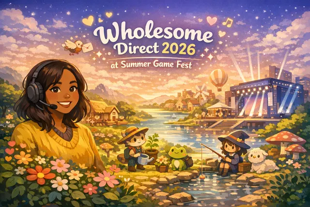 A colorful collage of characters and scenes from games featured in the 2026 Wholesome Direct, including farming, creature care, and life sim moments.