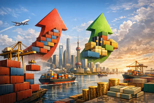 Conceptual illustration of a container ship splitting between high-tech semiconductor cargo on one side and an oil pipeline on the other, reflecting China's diverging trade drivers