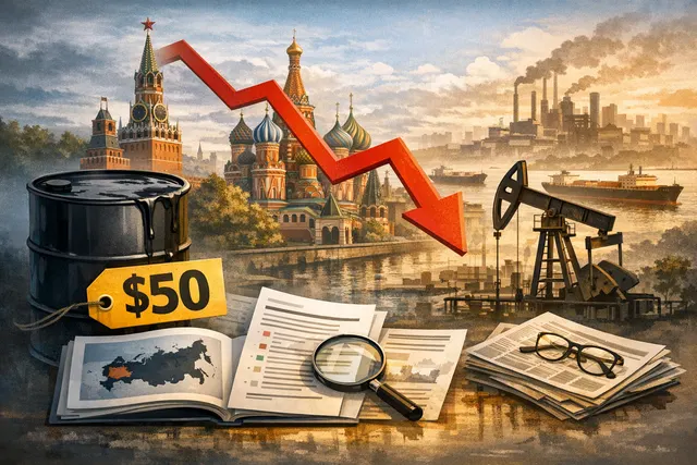 Chart showing the decline of Russia's Urals crude oil price to around $50 per barrel, with annotations for the US-Iran deal and the Strait of Hormuz reopening