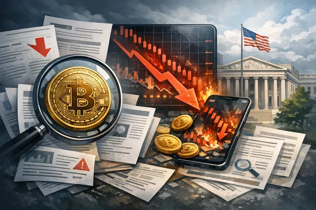 Bitcoin price chart showing a sharp decline to $58,000 with liquidation data overlay