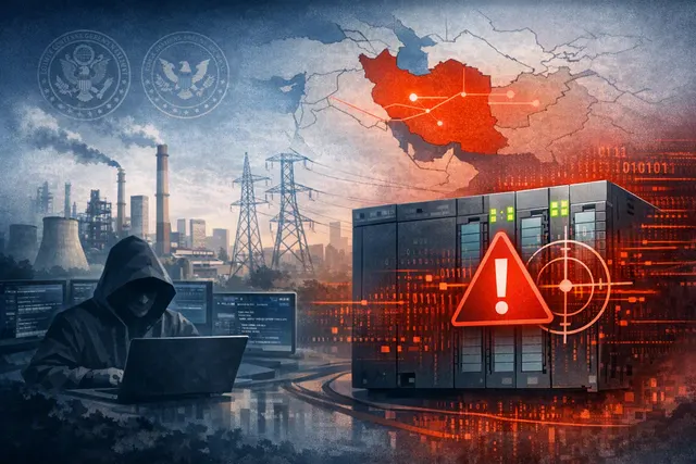 Editorial illustration of AI-assisted cyberattacks targeting industrial PLCs in critical infrastructure