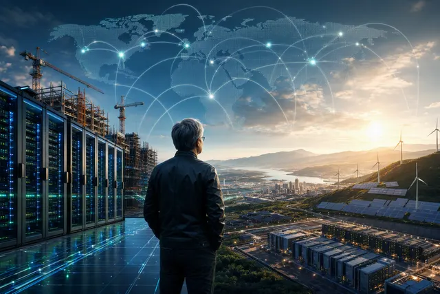 Editorial illustration of Nvidia CEO Jensen Huang and global AI data-center infrastructure