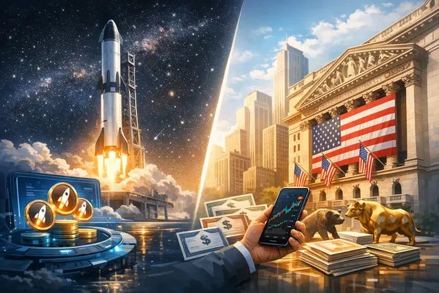 Illustration contrasting a SpaceX rocket launch with a traditional Wall Street trading floor, representing MEXC's dual product launch bridging crypto and traditional finance